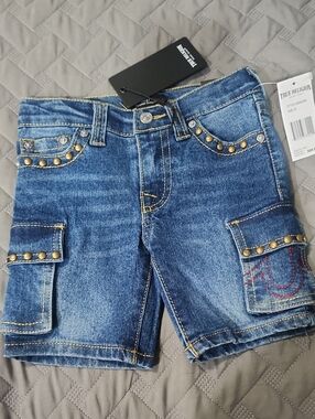 True Religion Blue Studded Denim Cargo Shorts Size 3T